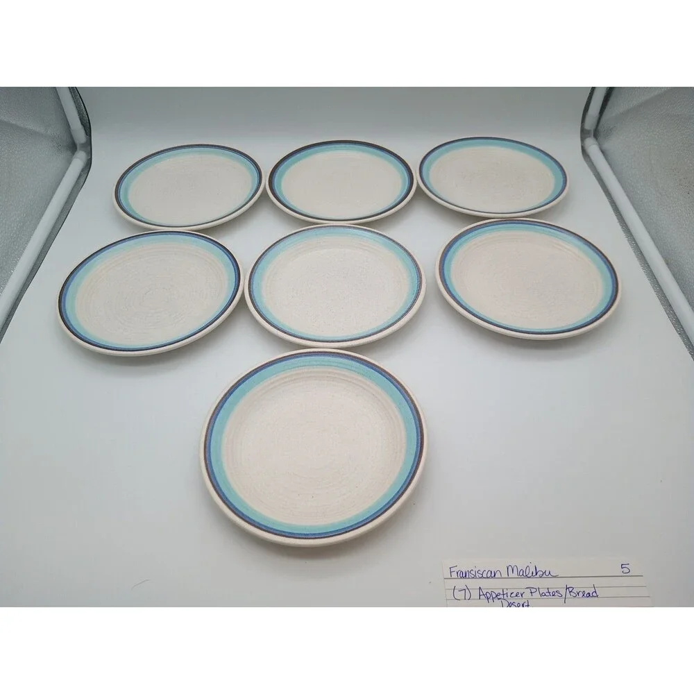 7 Vtg Franciscan Malibu Desert Plates Bread Appetizer Blue Brown Rings Stoneware